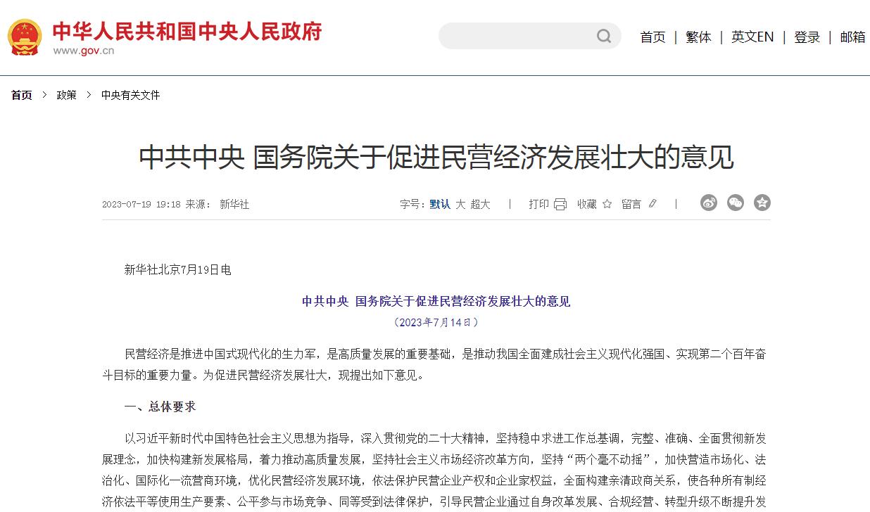 中共中央 国务院关于促进民营经济发展壮大的意见